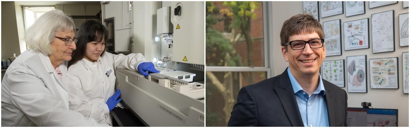 (left) Dr. Louise Showe works with a young scientist in the lab. (right) Dr. Andrew Kossenkov